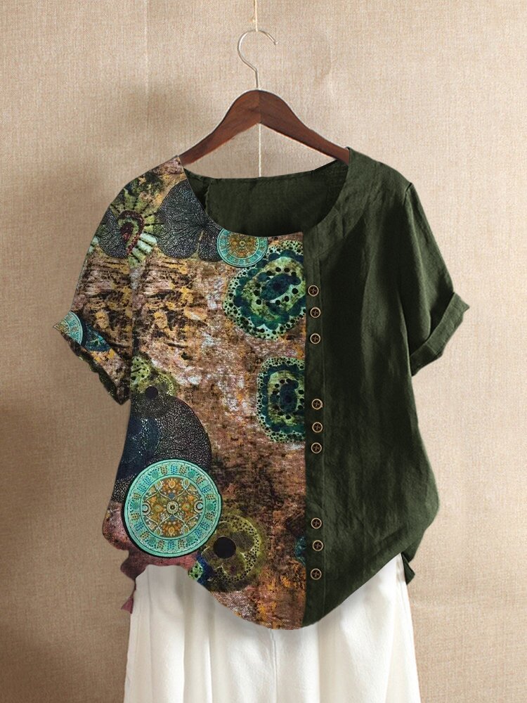 Vintage Printed Short Sleeve O-neck Patchwork T-shirt For Women - Shop Trendy Women's Clothing | LoverChic