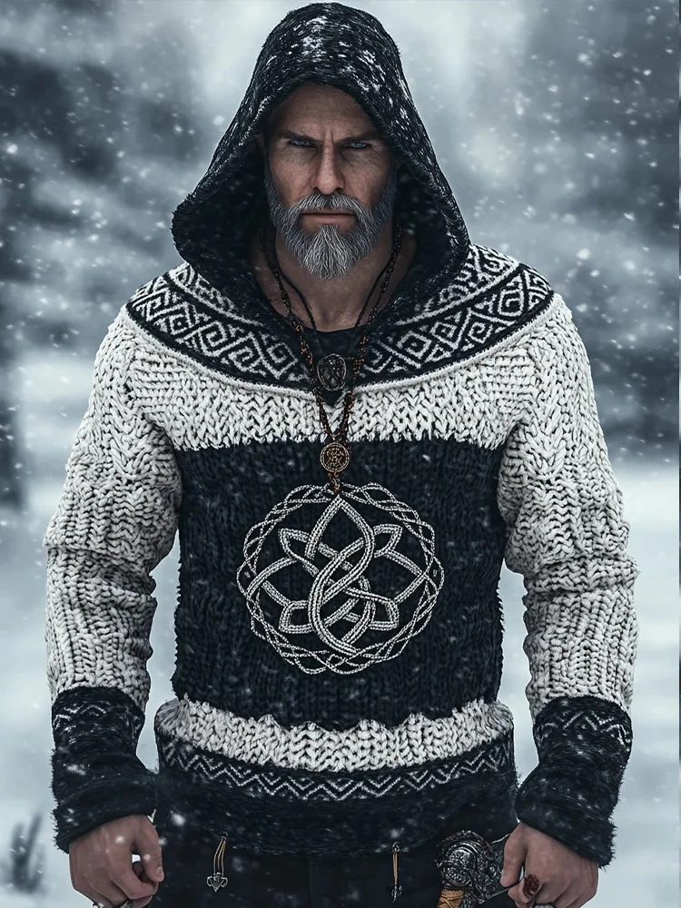 Men's Viking Celtic Knot Jacquard Cozy Knit Hooded Sweater