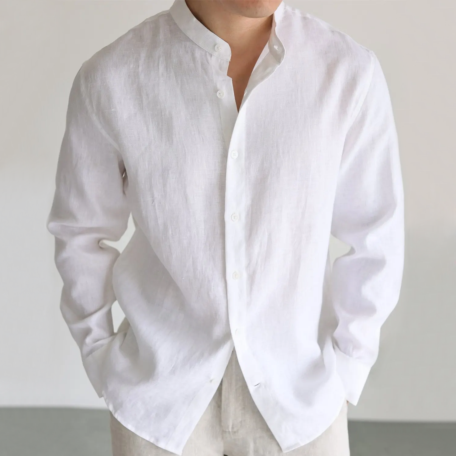 100% European Linen Shirt Stand Collar for Men REAL SILK LIFE