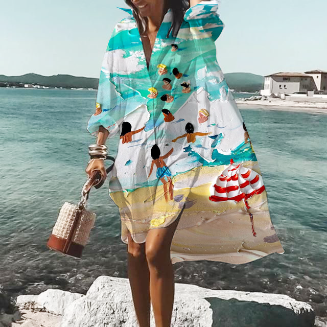 women's long sleeve lapel seaside beach dress socialshop