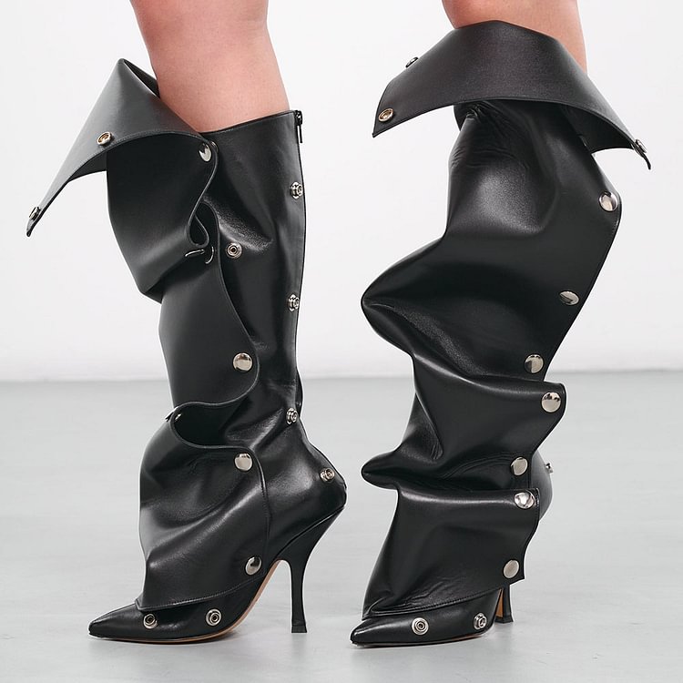 Black Pointed Toe Stiletto Heels Snap Button Below The Knee Boots |FSJ Shoes