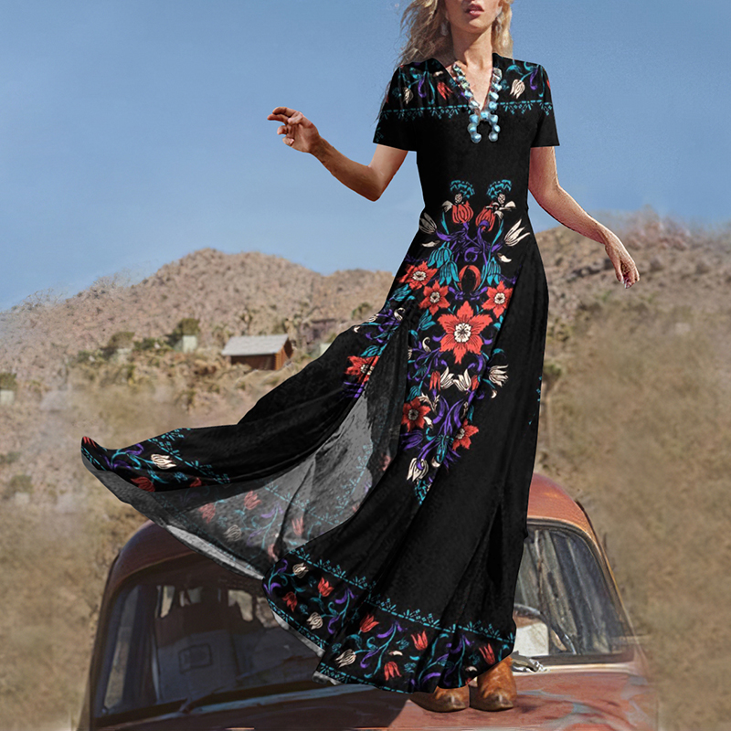Vintage Ethnic Floral Print Long Slit Maxi Dress