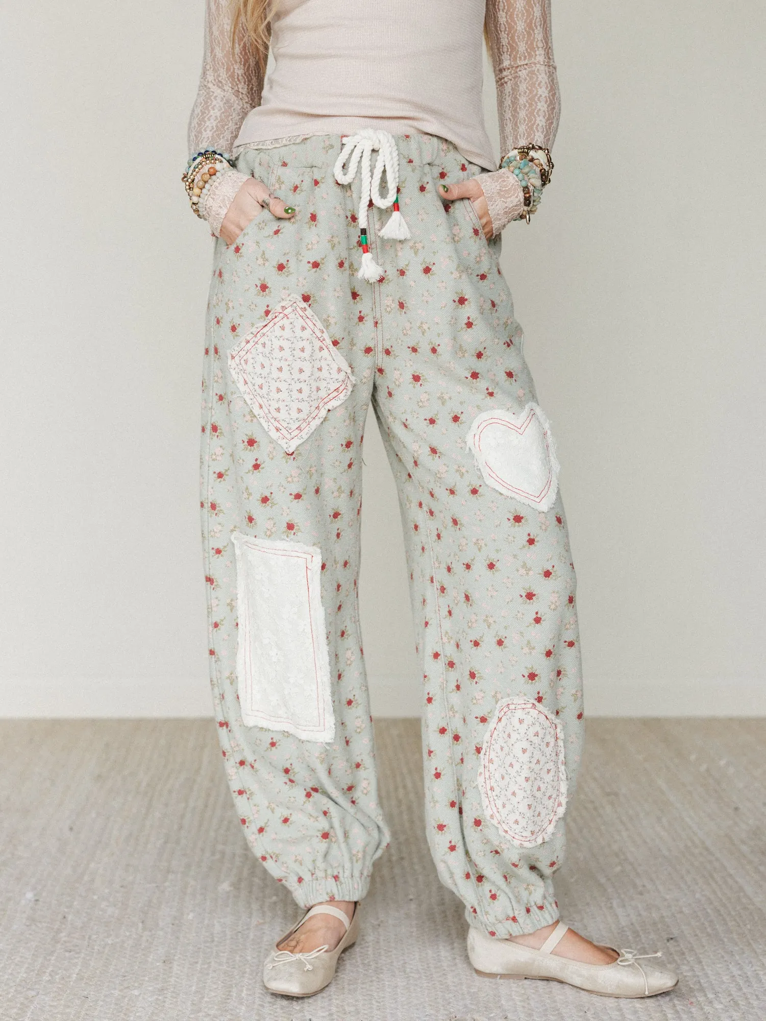 Nora Patchwork Floral Pants - Olive