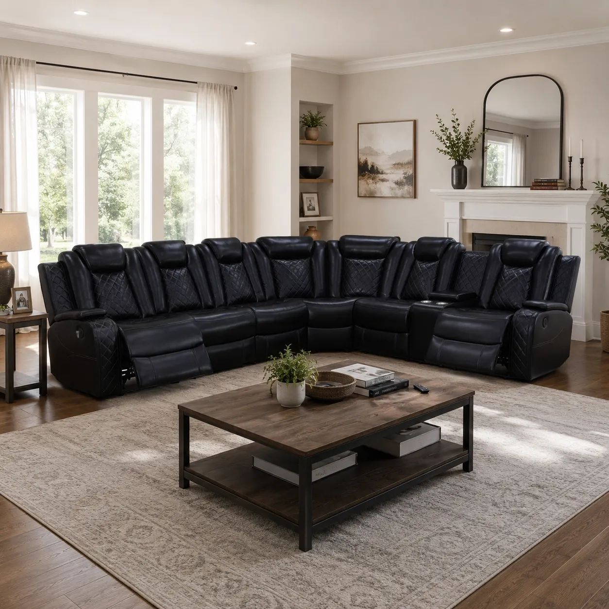 Black Leather Power Recliner Sofa Set | Smart Storage & Charging