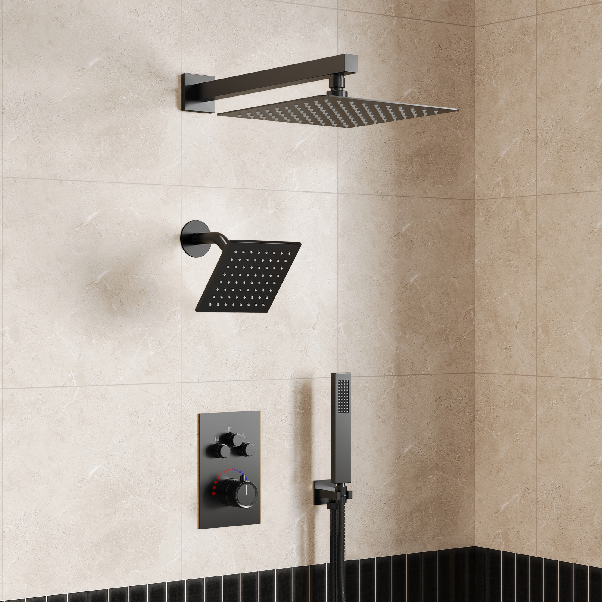 Multiple Press 12 in. Triple Handle 7-Spray Shower Faucet 2.5 GPM with Anti Scald in. Matte Black Valve Included