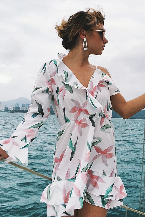Floral Print Falbala V Neck Short Dress - BlackFridayBuys