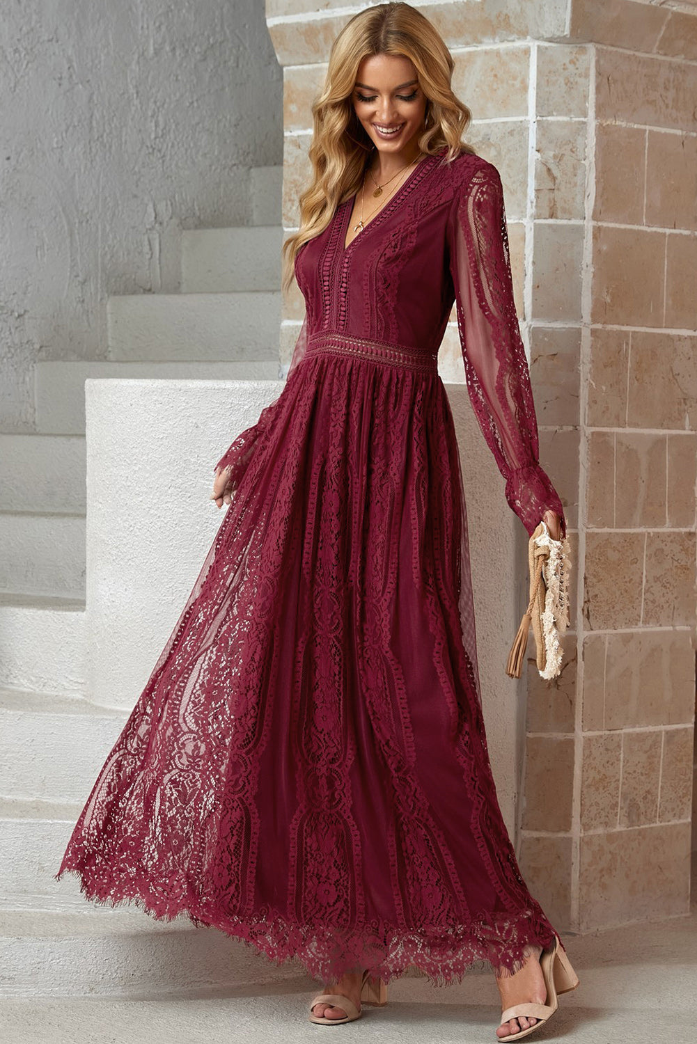 Solid Short Sleeve Lace V-neck Loose Maxi Boho Dress main image 1