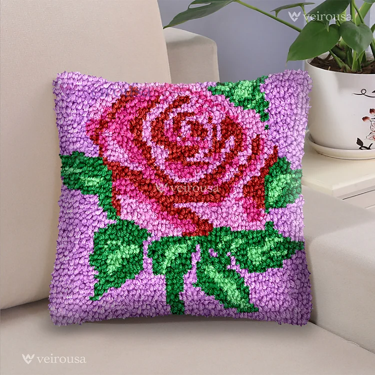 One Pink Rose (for favorite) Latch Hook Pillow Kit for Adult, Beginner and Kid veirousa
