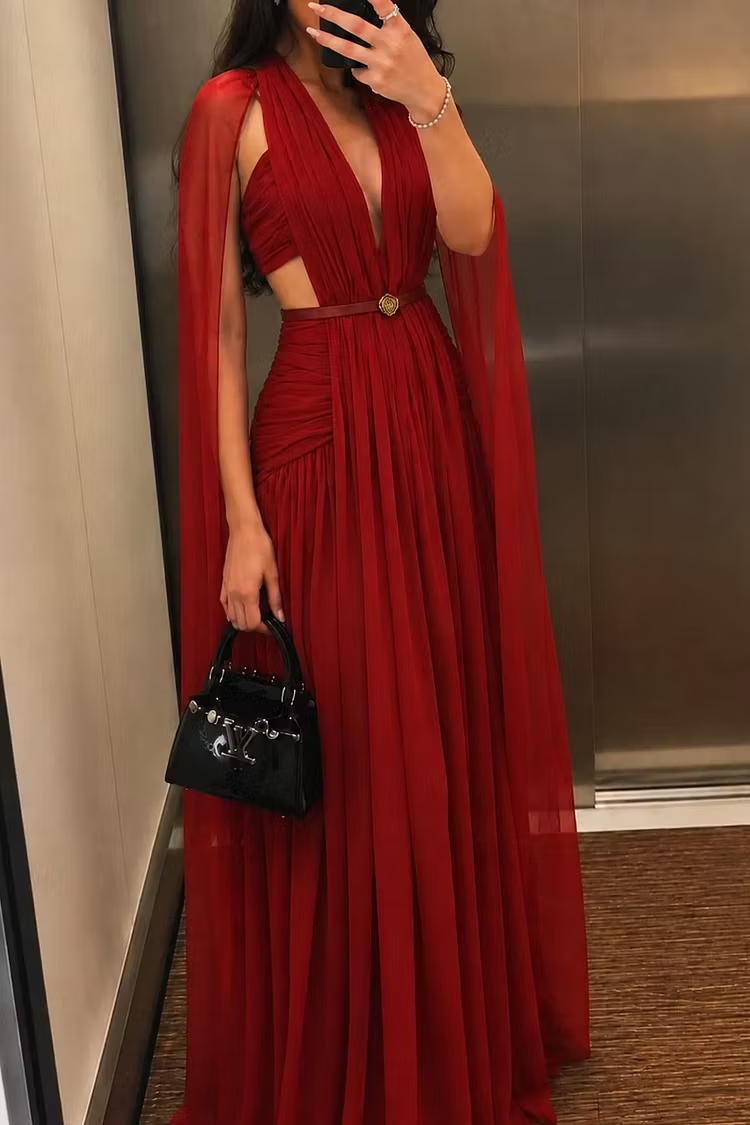 Lussooy Elegant Red Chiffon V Neck Pleated Sleeveless Prom Dress with Shawl