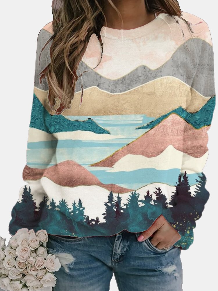 Painting Landscape Printed Long Sleeve O neck Blouse P1735153