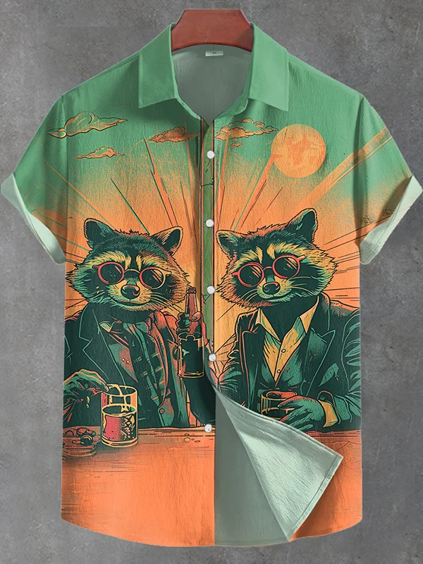 Men's Cool Raccoon Gentleman Brothers Drinking At Sunset Art Print Linen Blend Shirt