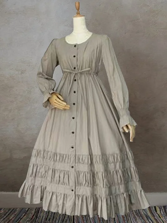 Cotton Linen Vintage Buttoned Flounce Dress