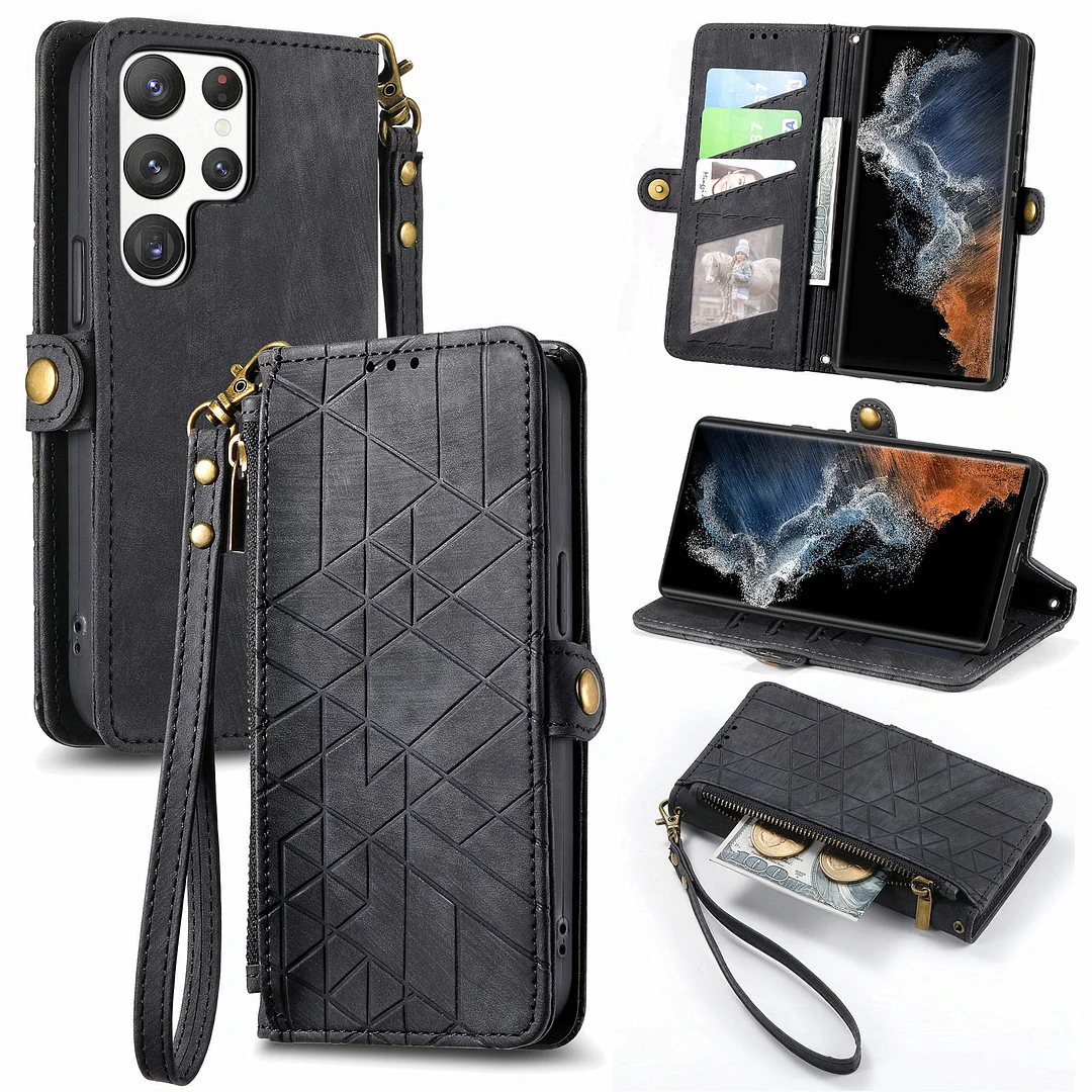 Luxury Retro Leather Wallet Phone Case With 3 Cards Slot,Zipper Cash Slot,Kickstand And Lanyard For Galaxy S22/S22+/S22 Ultra/S23/S23+/S23 Ultra