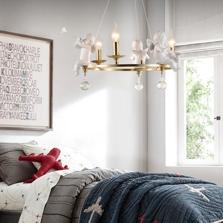 Traditional Vintage Angel Candle Crystal Round ABS Copper 3/6/8 Light Chandelier For Living Room