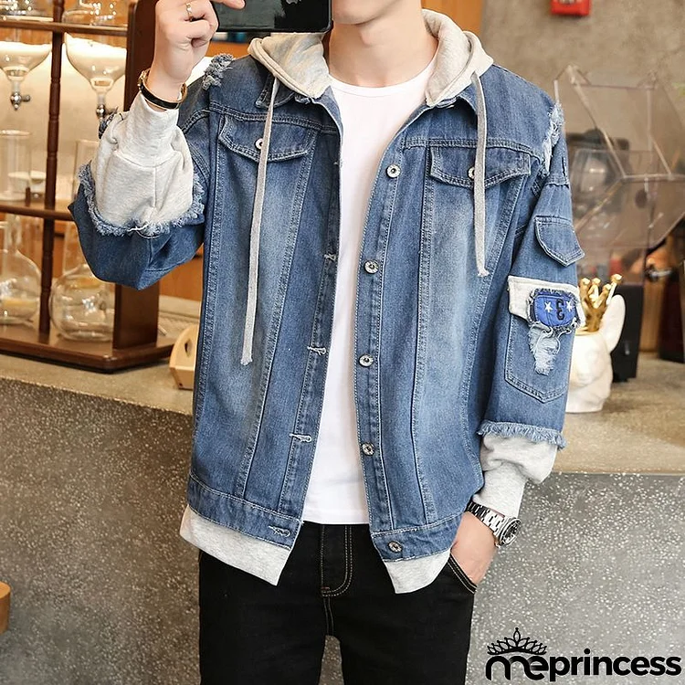 Men Casual Long Sleeve Hat Rope False Two-piece Single-breasted Loose Denim Hooded Coat