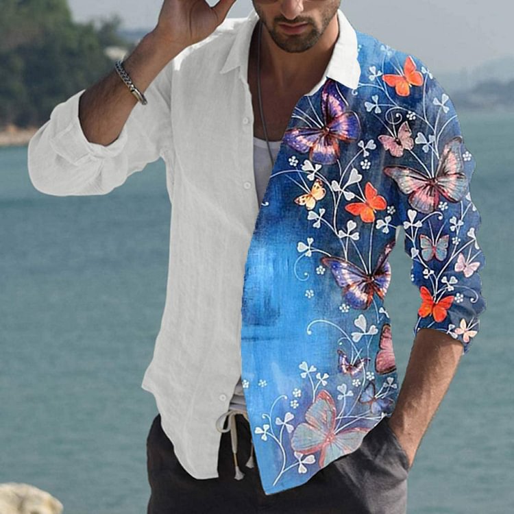 Men's Casual Shirt Lapel Butterfly Print Shirt T-Shirt