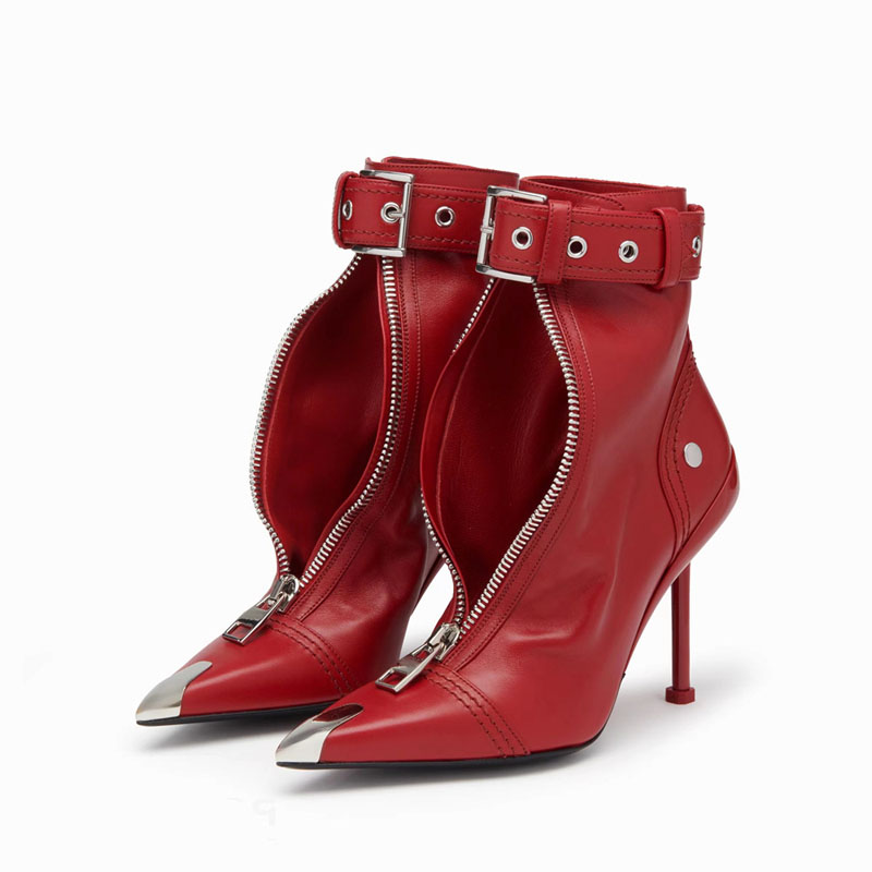 VCSHOES Belt Fasten Front Zipper Opening Ankle Boots Metal Studs Pointed Toe Thin High Heels Two Wear Runway Boots