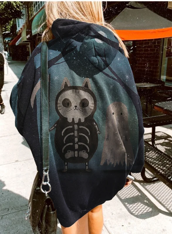 Vefave Skull Cat Ghost Print Hoodie