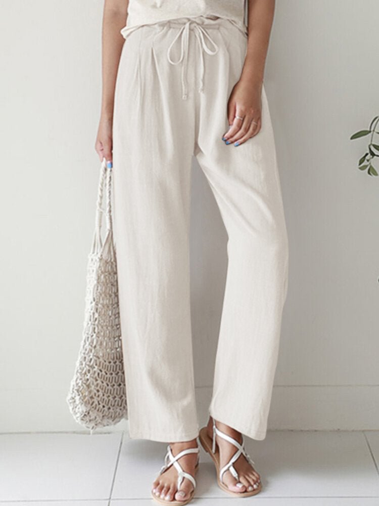 New Casual Ladies Solid Color Straight Leg Elastic Waist Cotton Linen Pants Women's Clothing socialshop