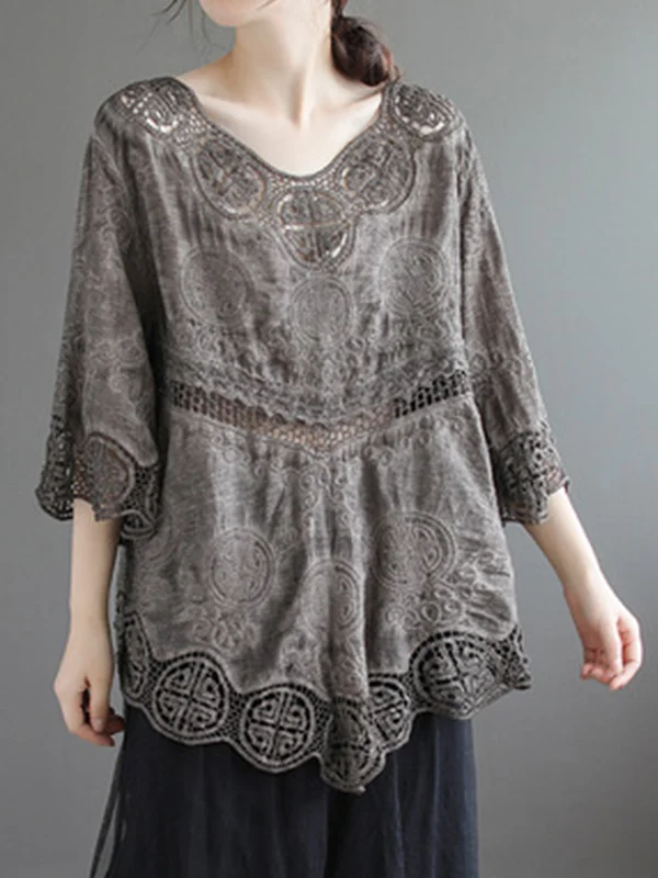Round Neck Embroidered Hollow Half Sleeves Blouse