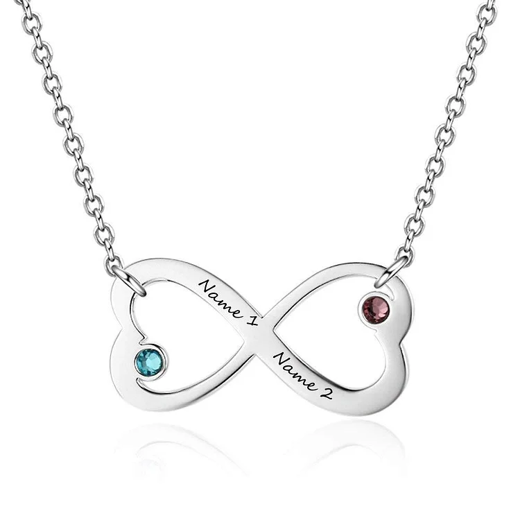 Infinity Heart Birthstone Necklace Engraved 2 Names Personalized with 2 Stone Love Pendant Necklace