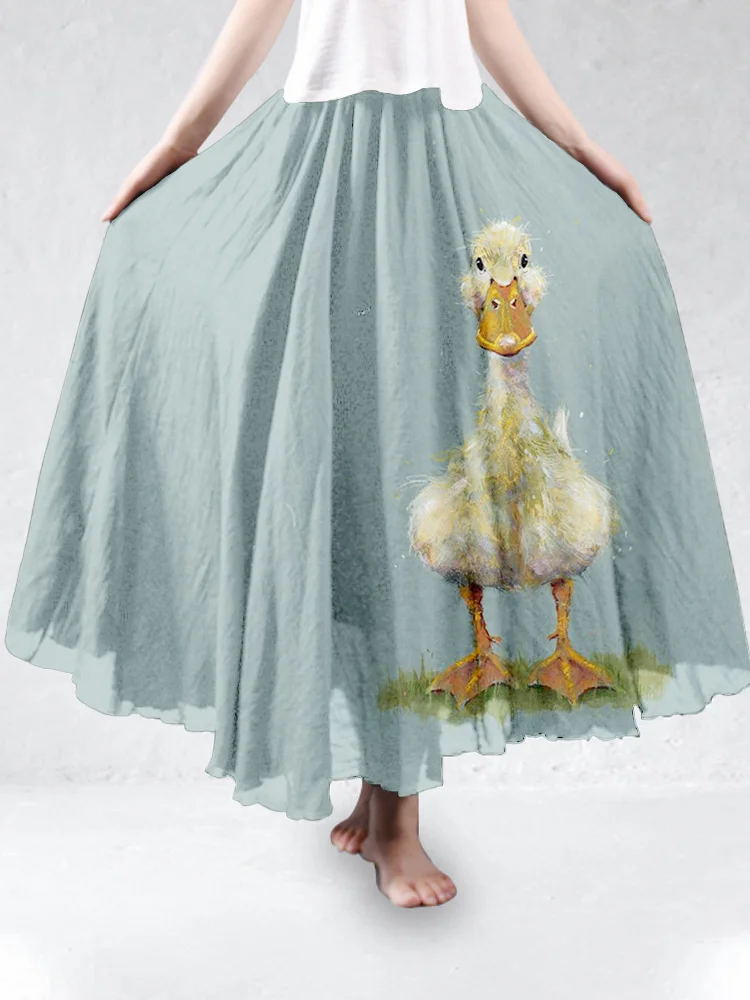 Comstylish Cute Duck Art Linen Blend Flowy Wide Skirt