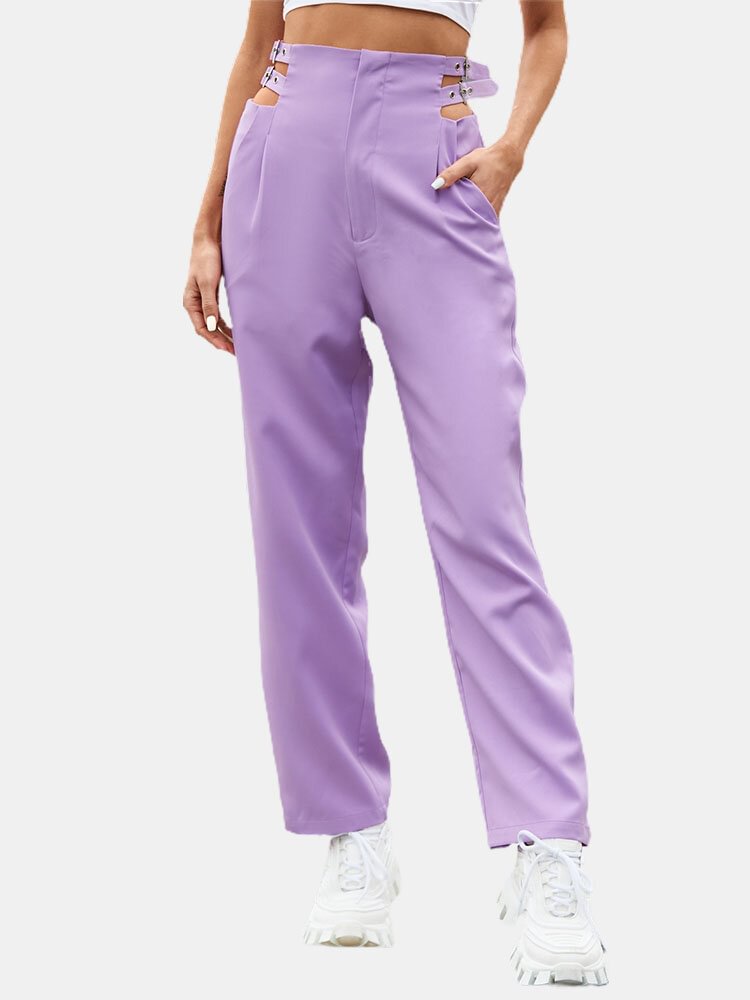 Solid Color Buckle Pocket High Waist Casual Pants For Women