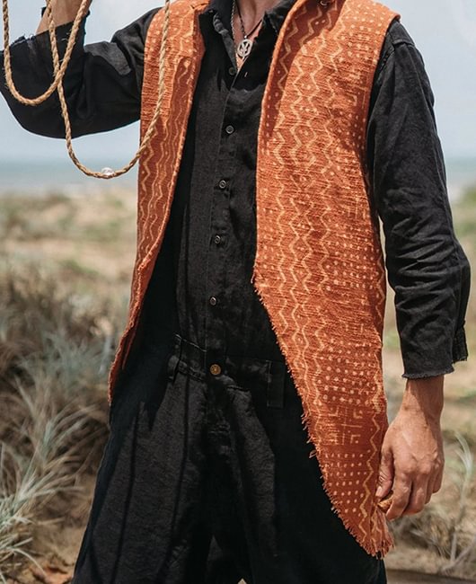 Casual Plain Calico Sleeveless Linen Long Vest