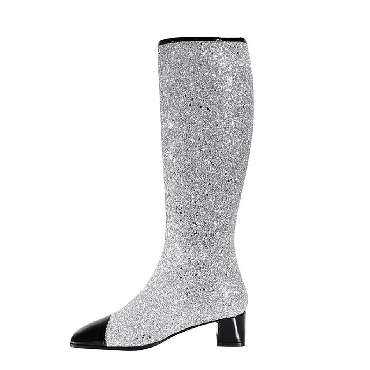 Silver & Black Glitter Square Toe Block Heel Knee Sparkly Boots |FSJ Shoes
