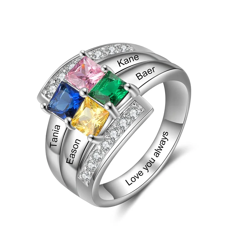 Personalized Birthstone Ring Custom 4 Names Family Ring for Mother