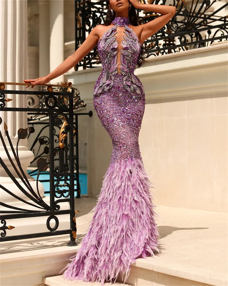Women's Purple Feather Stitching Sequins Evening Dress