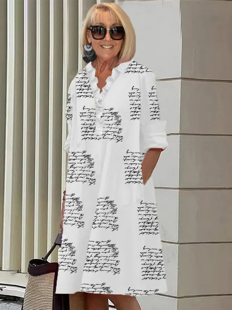 V-neck Ruffle Collar Letter Printed A-line Dress VangoghDress