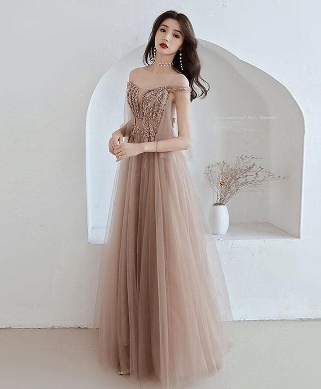 Champagne Tulle Off Shoulder Long Prom Dress, Champagne Evening Dress
