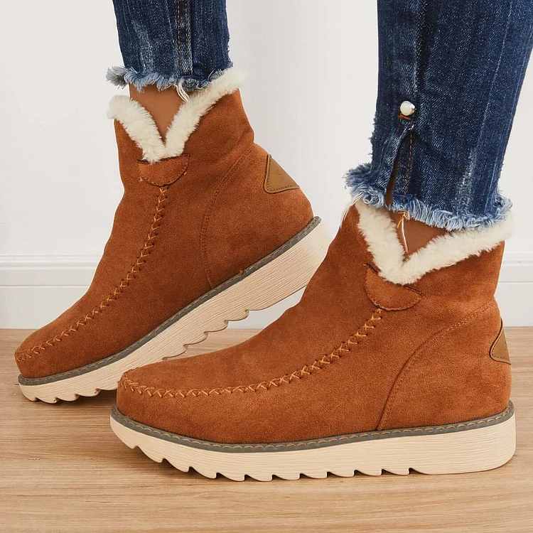 Women Brown Ankle Booties Winter Snow Boots Fur Boots Slip On Short Boots