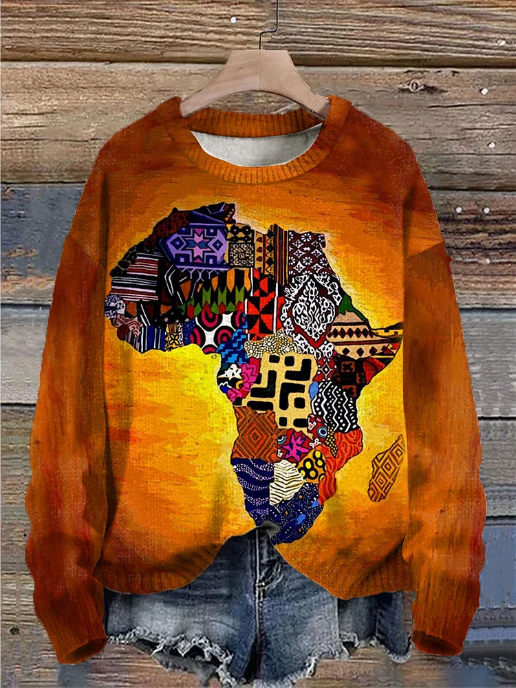 Women's Colorful Ethnic Pattern Map Black Art Print Casual Sweatshirt