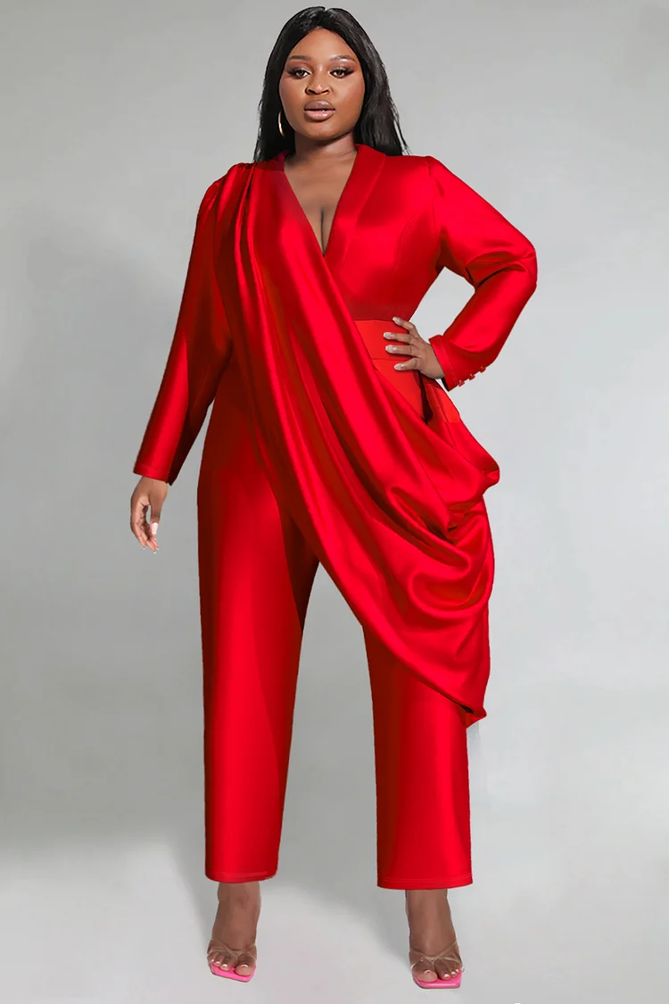 Plus Size Mother Of The Bride Jumpsuits Elegant Red Fall Winter Turndown Collar Long Sleeve Fold Satin Jumpsuits [Pre-Order]
