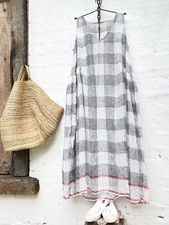 Casual Plaid Printed Linen Sleeveless Dress