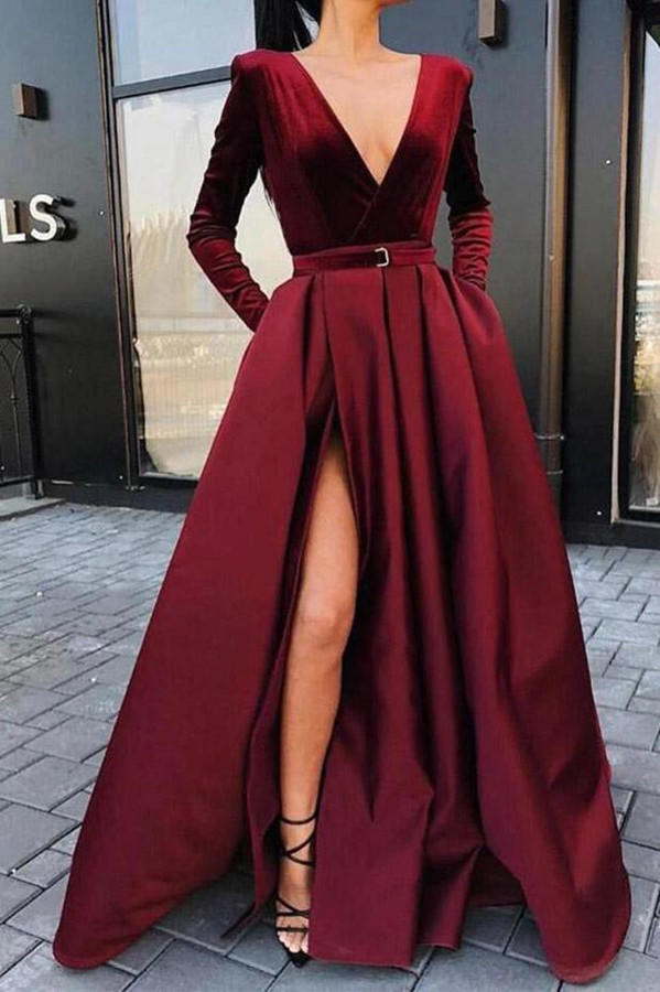 Dresseswow Long Sleeves Burgundy V-Neck Prom Dress With Split