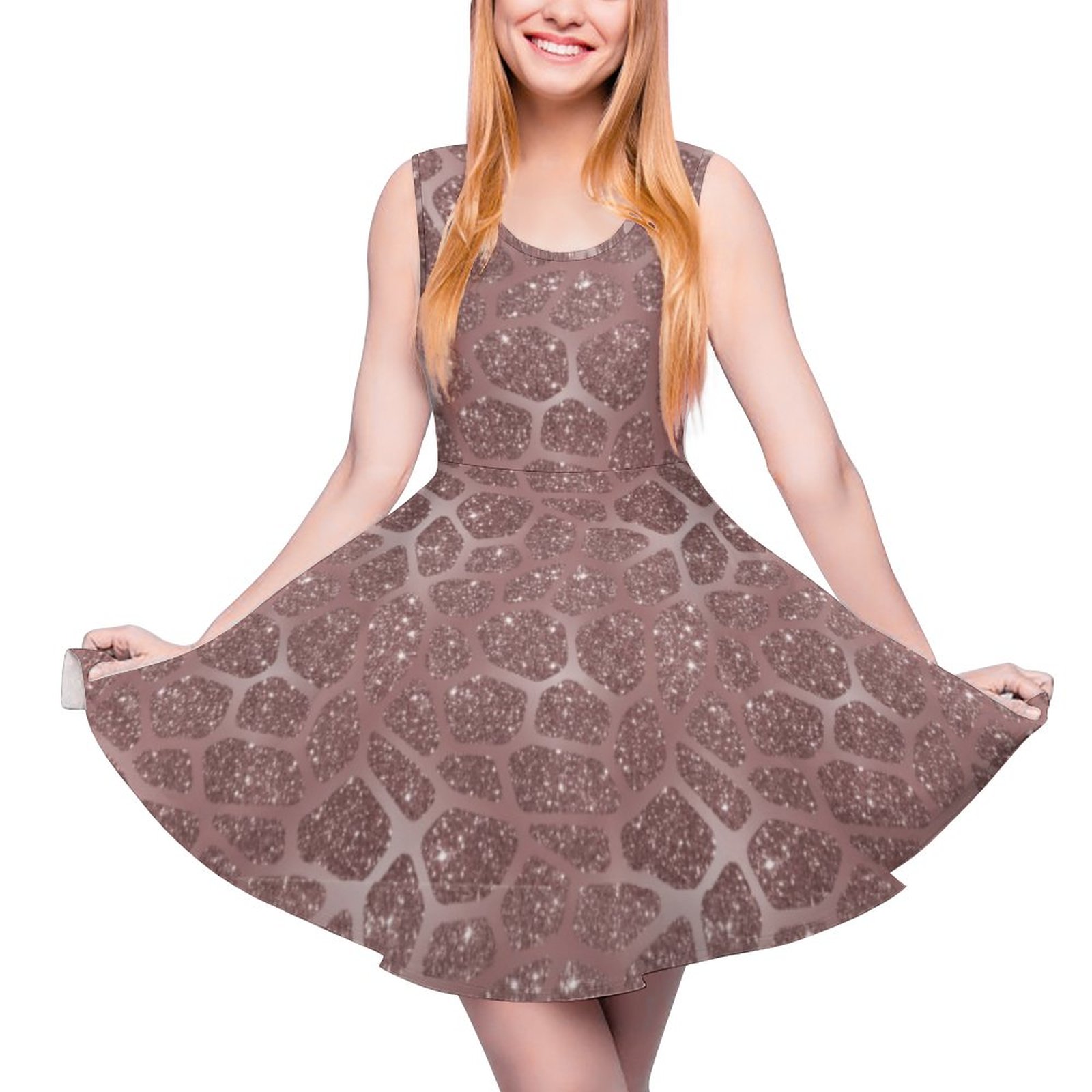 Rose Gold Glitter Giraffe Print Crewneck A-line Skater Dress Gold-4XL Rose Gold Glitter Giraffe Print Crewneck A-line Skater Dress Gold-4XL