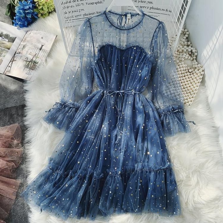 Cottagecore Fashion Star Sequined Long-Sleeve Layered Mesh A-Line Dress SP17456
