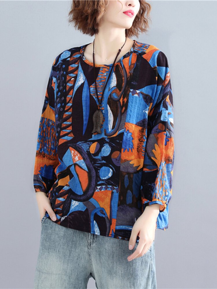 Abstract Geo Stripe Print Long Sleeve O-neck Blouse