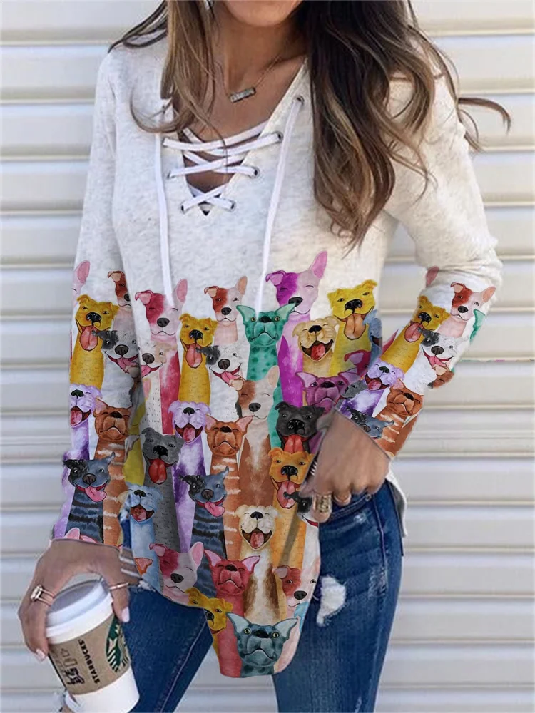 Colorful Dogs Art Lace Up T Shirt