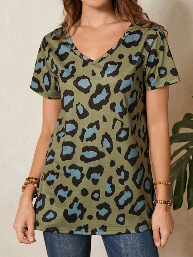 Leopard Print Short Sleeve V neck T shirt For Women P1844770