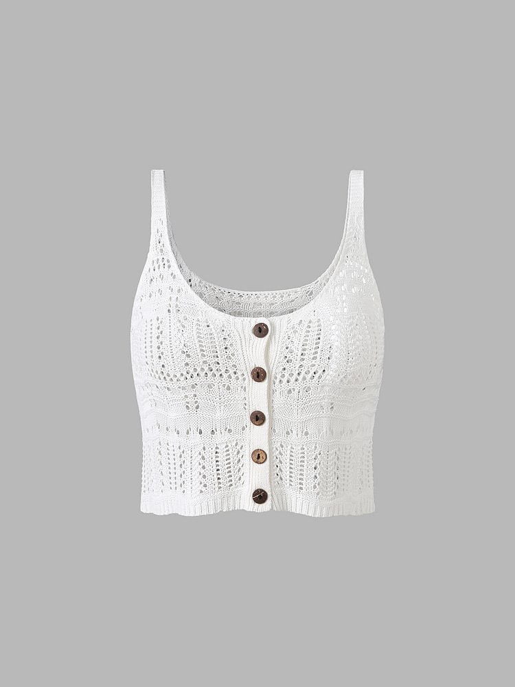 Solid Knit Hollow Button Front Strap Crop Tank Tops