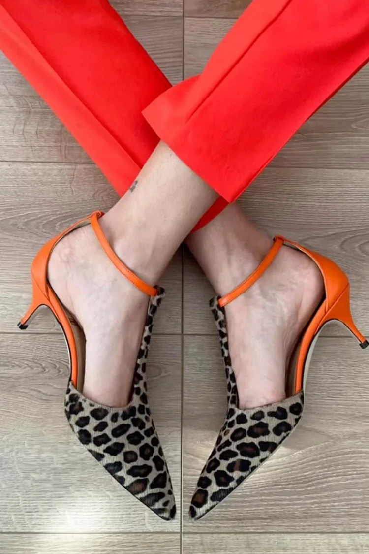 PU Leather Leopard Print Ankle Straps Pointy Toe Stiletto Heels