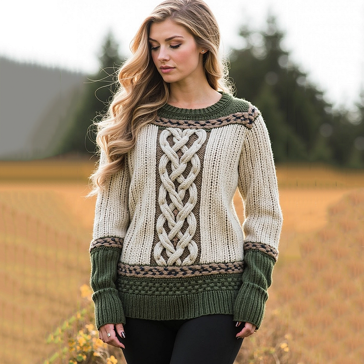 Women's Jacquard Contrast Cozy Aran Sweater