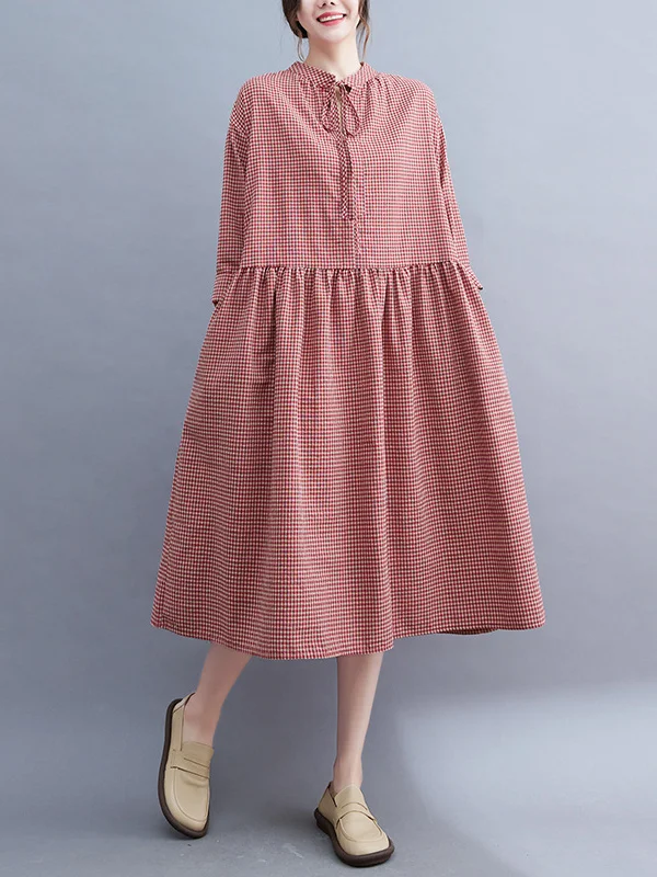 Vintage Roomy Long Sleeves Tied Plaid Stand Collar Midi Dresses