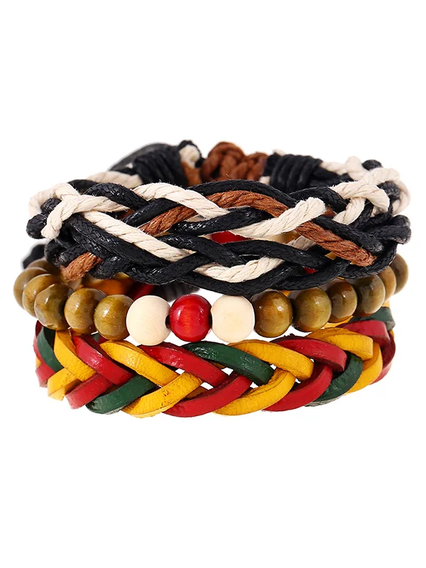 Women's Vintage Colored Woven Leather Beaded Layered Bracelet