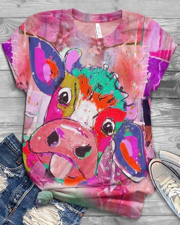 Multicolor Cow Printed Round Neck Short Sleeve Shift Shirts & Tops - Chicaggo