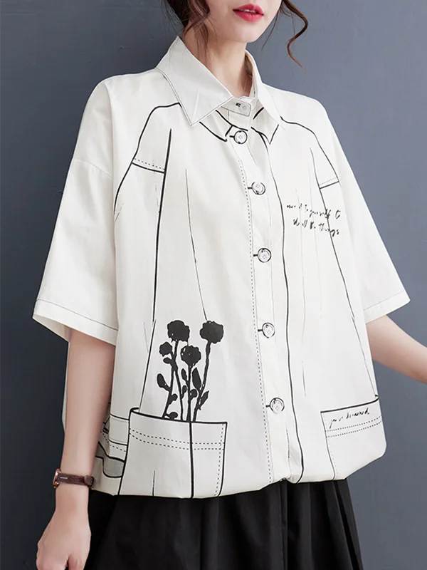 Loose Short Sleeves Contrast Color Printed Split-Joint Lapel Blouses